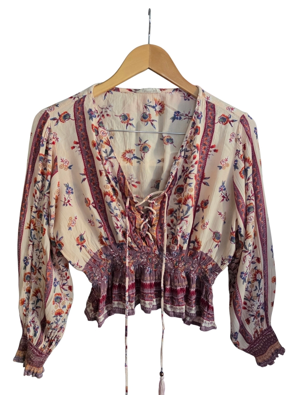 Gypsy Love Boho Lace-Up Floral Blouse in Cream with Purple & Red Accents